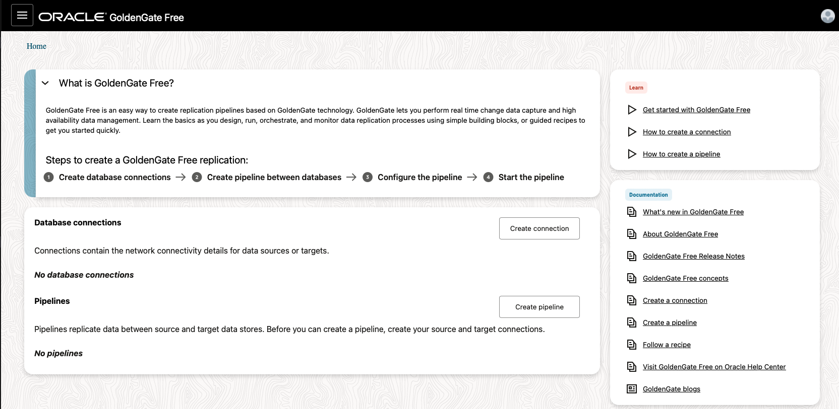 my oci goldengate welcome page